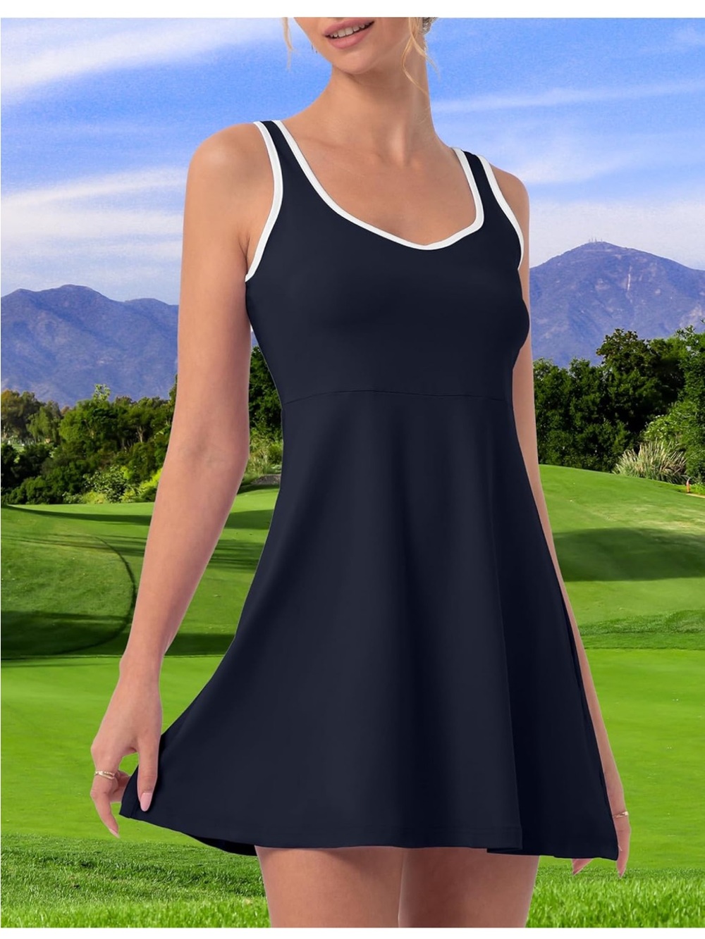 Navy Blue Tank Tennis Dress with White Trim